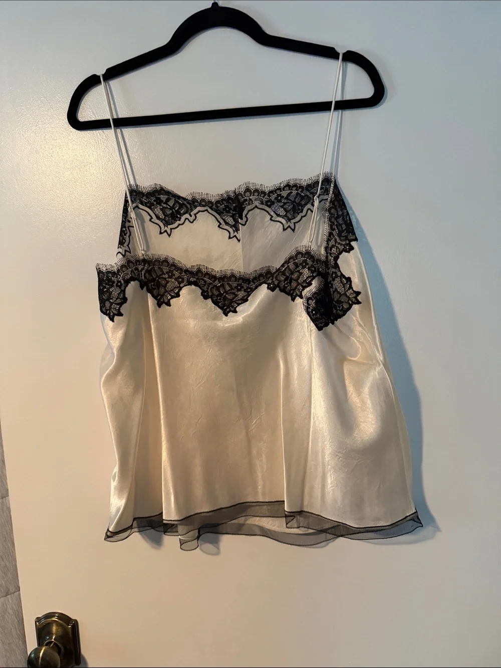 J. Crew Ivory Satin Cami with Black Lace Trim